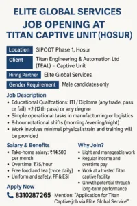 Read more about the article Job Opening at Titan Captive Unit (Hosur): Elite Global Services