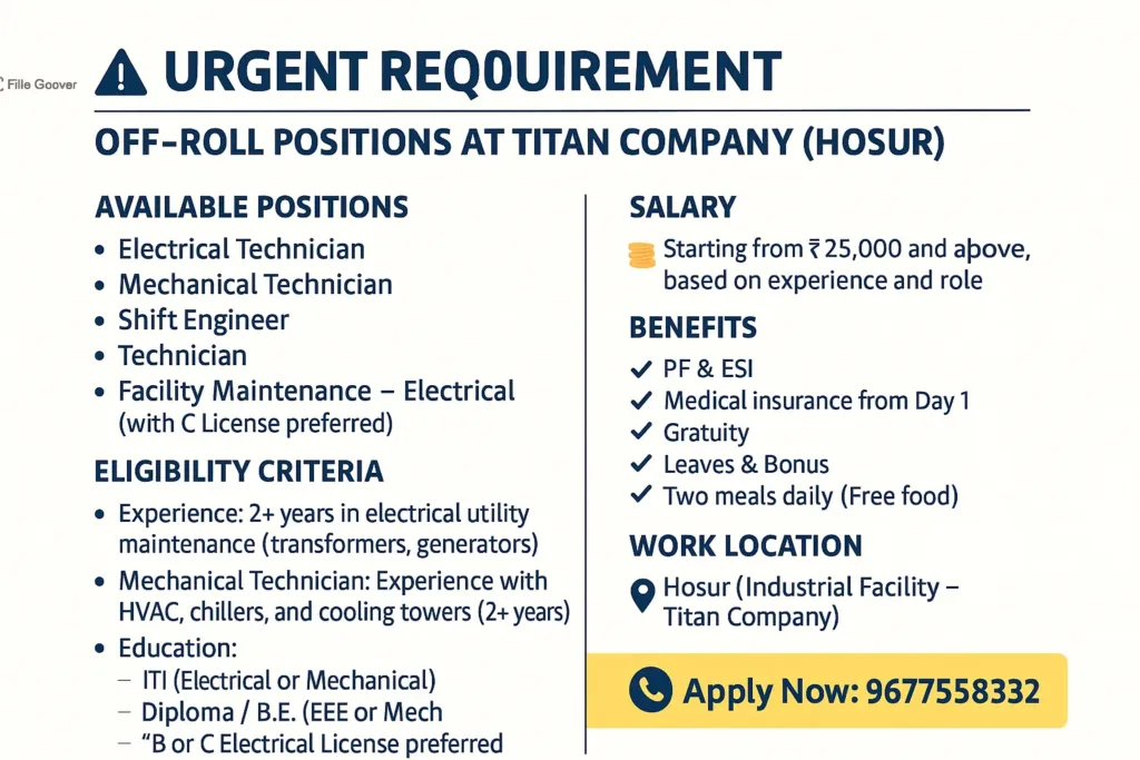 🚨 URGENT REQUIREMENT – OFF-ROLL POSITIONS AT TITAN COMPANY (HOSUR)