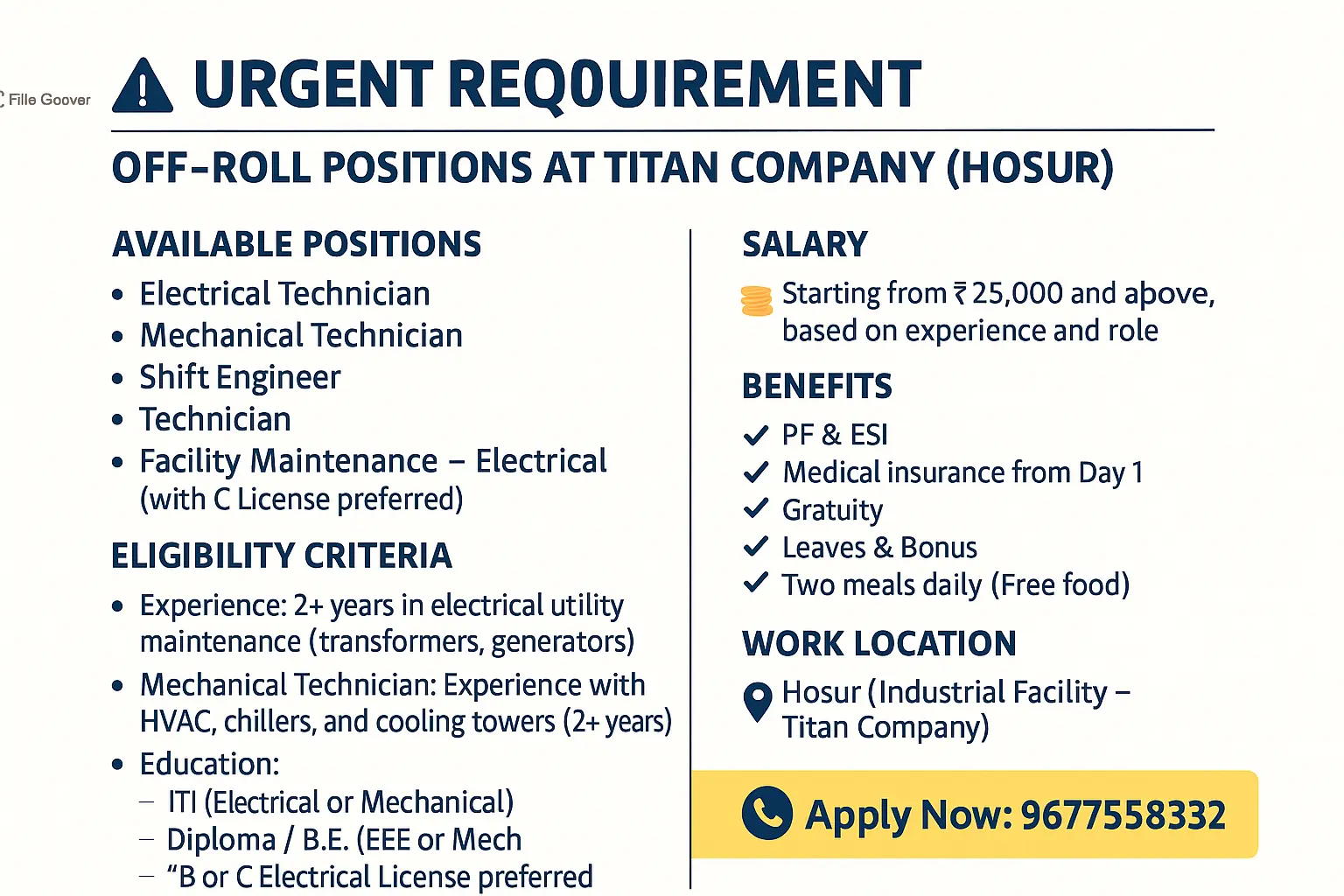 🚨 URGENT REQUIREMENT – OFF-ROLL POSITIONS AT TITAN COMPANY (HOSUR)